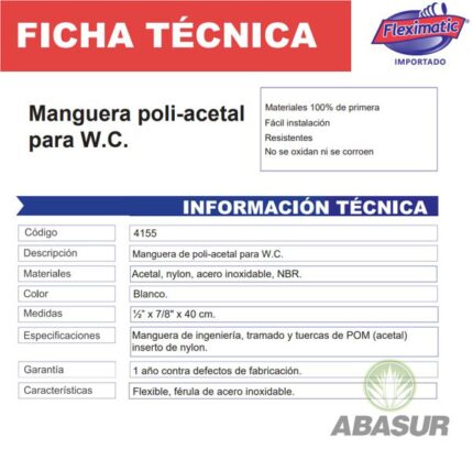 Manguera poli-acetal para wc 1/2″ x 7/8″ x 40 cm, 4155