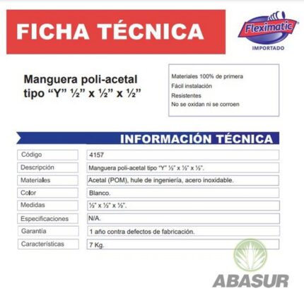 Manguera poli-acetal tipo “y” 1/2″ x 1/2″ x 1/2″, 4157