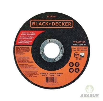 Disco abrasivo corte de metal black and decker 4-1/2×1/16×7/8 BD8063