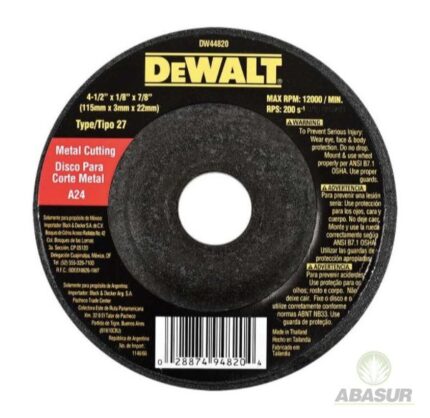 Disco abrasivo metal dewalt 4-1/2 x 1/8 x 7/8 pulgadas DW54820/DW44820
